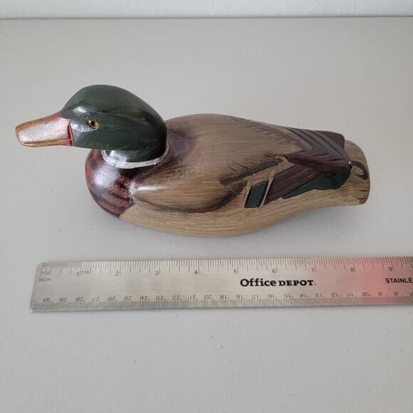 Vintage Hand Painted Wooden Duck Decoy Hand Carved Mallard Figurine Glass Eyes - Picture 11 of 12